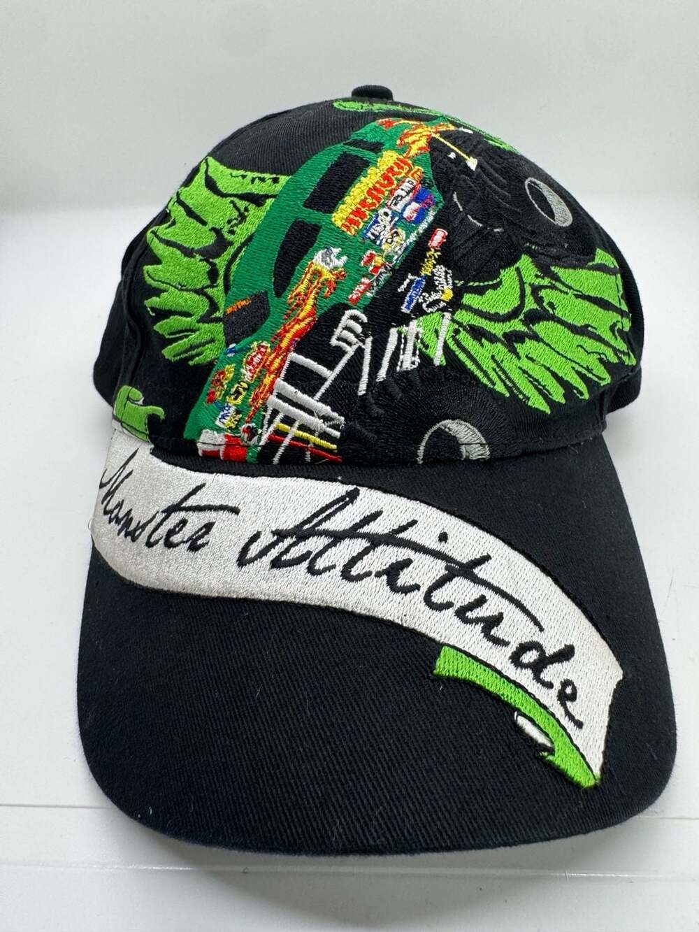 Monster Spectacular Monster Attitude Trucker Hat Black Embroidered Mesh Snapback
